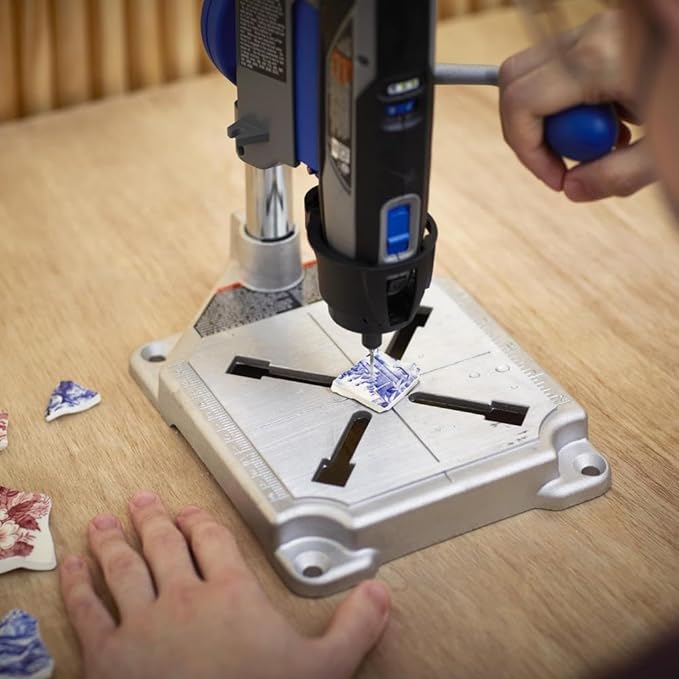 Dremel Drill Press Rotary Tool Workstation Stand with Wrench- 220-01- Mini Portable Press- Holder- 2 Inch Depth- Ideal for Drilling Perpendicular and Angled Holes- Table Top , Silver