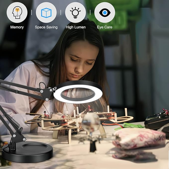 10X Magnifying Glass with Light and Stand, Drdefi 2-in-1 LED Lighted Magnifier, 3 Color Modes Stepless Dimmable, Hands Free Magnifying Desk Lamp with Clamp for Repairing Reading Craft Hobby