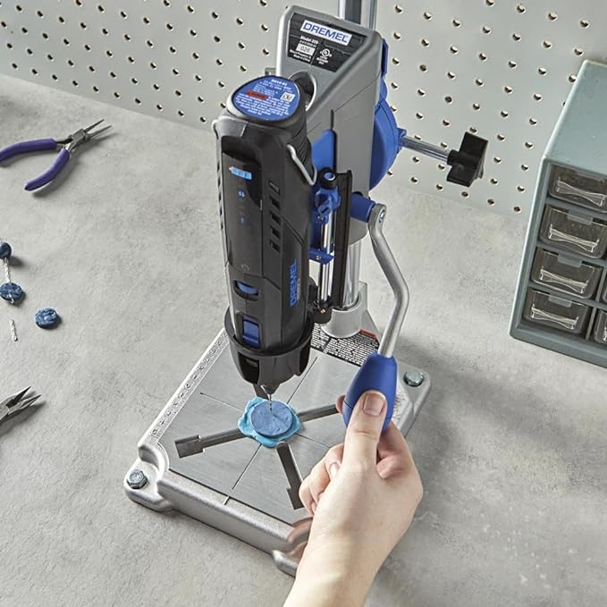 Dremel Drill Press Rotary Tool Workstation Stand with Wrench- 220-01- Mini Portable Press- Holder- 2 Inch Depth- Ideal for Drilling Perpendicular and Angled Holes- Table Top , Silver