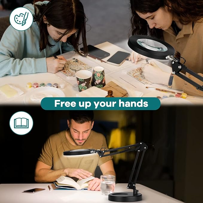 10X Magnifying Glass with Light and Stand, Drdefi 2-in-1 LED Lighted Magnifier, 3 Color Modes Stepless Dimmable, Hands Free Magnifying Desk Lamp with Clamp for Repairing Reading Craft Hobby