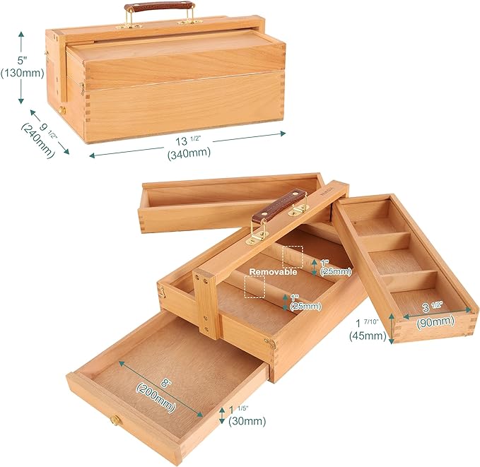 VISWIN Multi-Function Artist Storage Box, Portable Solid Beech Wooden Tool Box with Drawer, Three Layers Art Supplies Storage Box for Paint Brush, Pen, Pastel, Paining Supplies, 13 1/2"x9 1/2"x5"