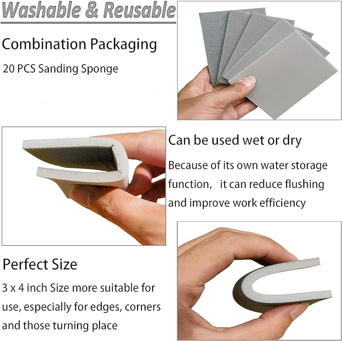 20 PCS 3 x 4 Inch 3000 Grit Sanding Sponge, Ultra Fine Sanding Sponges Pads, Soft Foam Hand Sander Block Wet Dry Sandpaper for Model Drywall Metal Wood Furniture Polishing (3000 Grit)