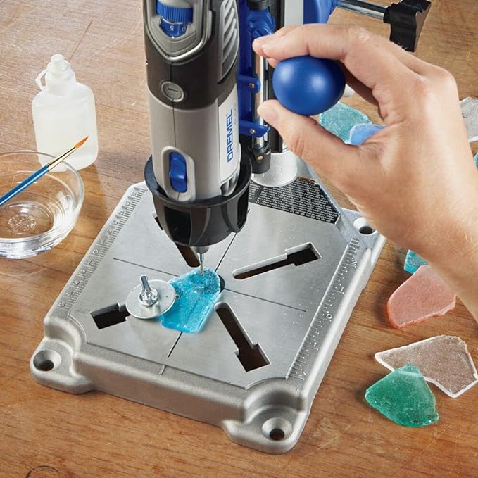 Dremel Drill Press Rotary Tool Workstation Stand with Wrench- 220-01- Mini Portable Press- Holder- 2 Inch Depth- Ideal for Drilling Perpendicular and Angled Holes- Table Top , Silver