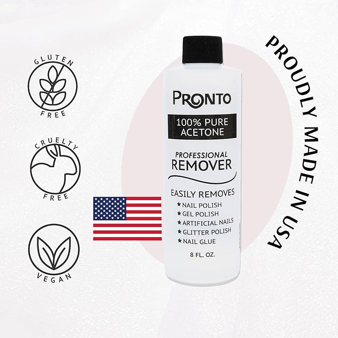 Pronto 100% Pure Acetone - Quick, Professional Nail Polish Remover - For Natural, Gel, Acrylic, Sculptured Nails (8 FL. OZ.)
