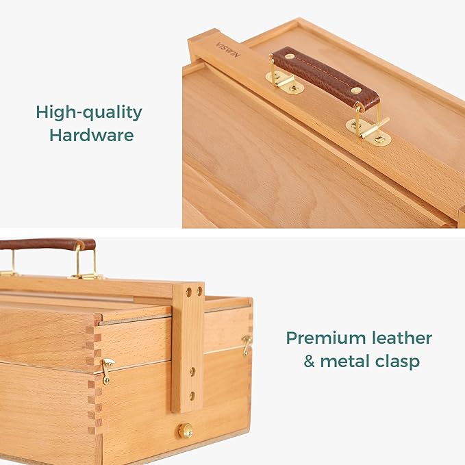 VISWIN Multi-Function Artist Storage Box, Portable Solid Beech Wooden Tool Box with Drawer, Three Layers Art Supplies Storage Box for Paint Brush, Pen, Pastel, Paining Supplies, 13 1/2"x9 1/2"x5"