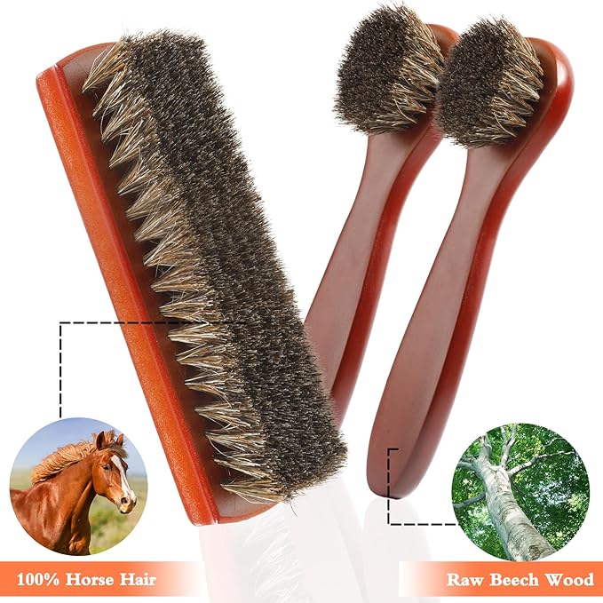 3 Pieces Shoe Brush, Boot Brush, Horse Hair Brush for Leather, Horsehair Brush, Shoe Polish Brush, Horsehair Shoe Brush, Horse Hair Brush, Gentle and Effective Shoe Cleaning Tool for Leather