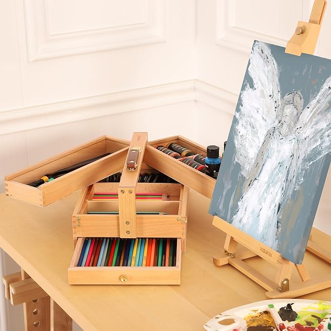 VISWIN Multi-Function Artist Storage Box, Portable Solid Beech Wooden Tool Box with Drawer, Three Layers Art Supplies Storage Box for Paint Brush, Pen, Pastel, Paining Supplies, 13 1/2"x9 1/2"x5"