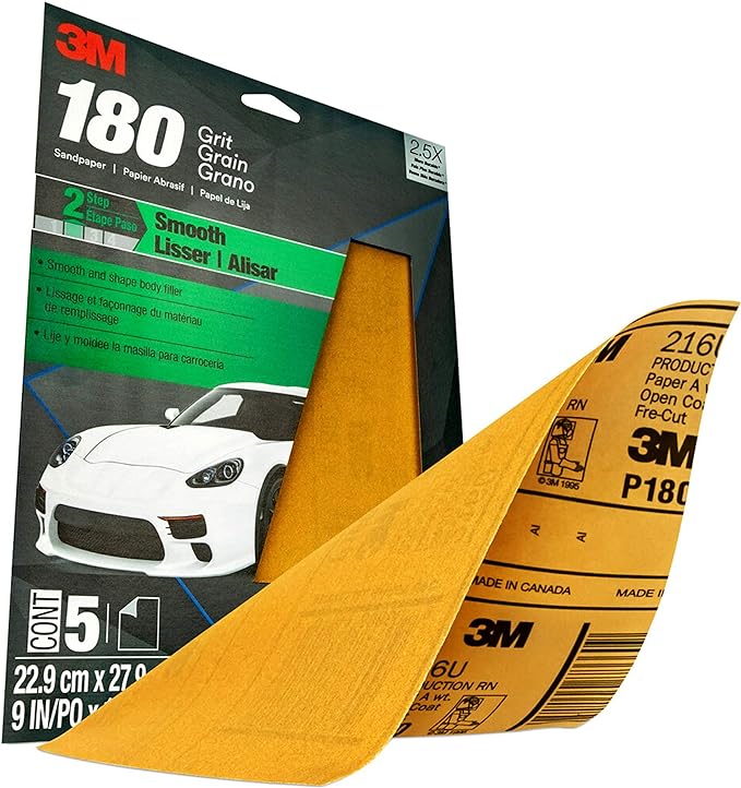 3M Sandpaper, 180 Grit, 5 Sheets, 9 in x 11 in, Longer Lasting Super Strong Abrasive, Great For Smoothing Body Filler, Shaping Glaze & Spot Putty, For Hand Or Machine Sanding (32545)