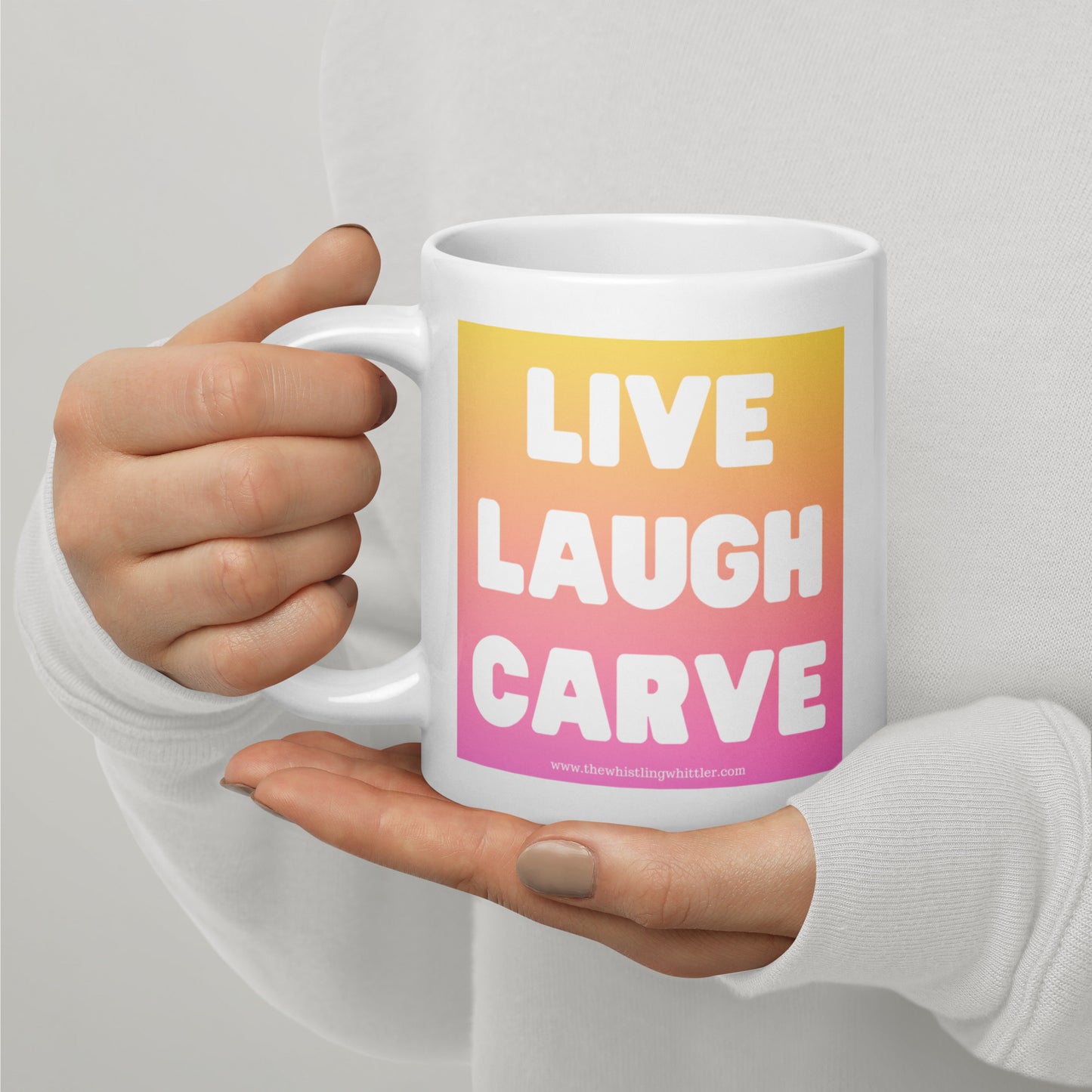 Live Laugh Carve White glossy mug