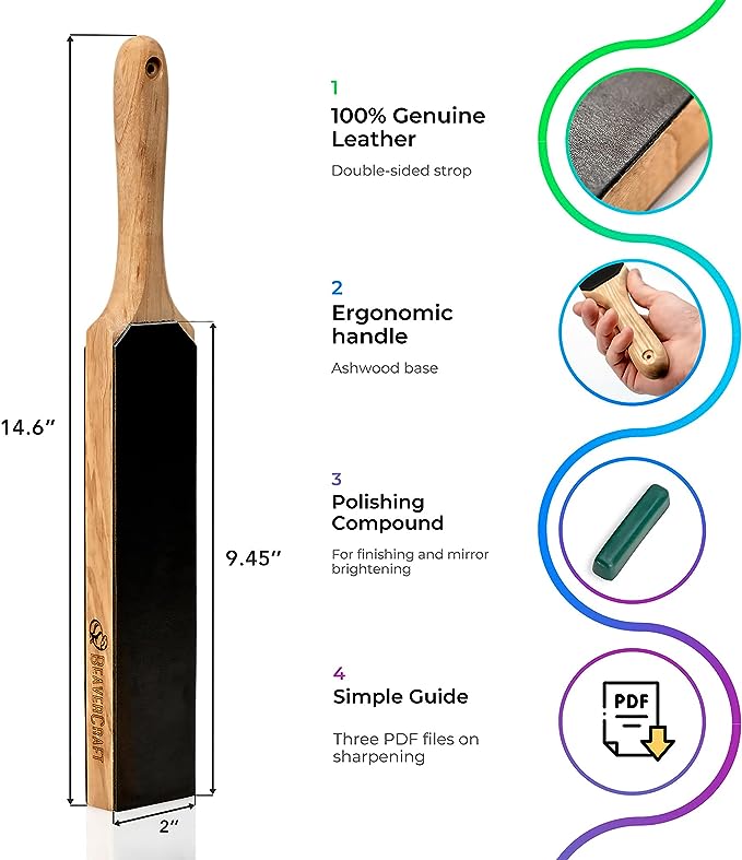 BeaverCraft LS6P1 Leather Strop Kit with Sharpening Polishing Compound 14" x 2" Knife Stropping Block & Honing Compound Knife Sharpener Leather Strop for Knife Sharpening Kit Stropping Leather