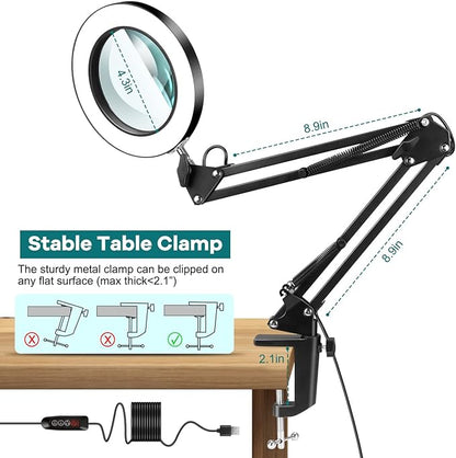 10X Magnifying Glass with Light and Stand, Drdefi 2-in-1 LED Lighted Magnifier, 3 Color Modes Stepless Dimmable, Hands Free Magnifying Desk Lamp with Clamp for Repairing Reading Craft Hobby