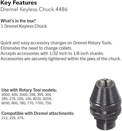 Dremel 4486 Keyless Chuck, ideal for 1/32” (0.8mm) to 1/8” (3.2mm) Shank Rotary Tool Accessories , Silver