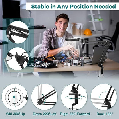 10X Magnifying Glass with Light and Stand, Drdefi 2-in-1 LED Lighted Magnifier, 3 Color Modes Stepless Dimmable, Hands Free Magnifying Desk Lamp with Clamp for Repairing Reading Craft Hobby