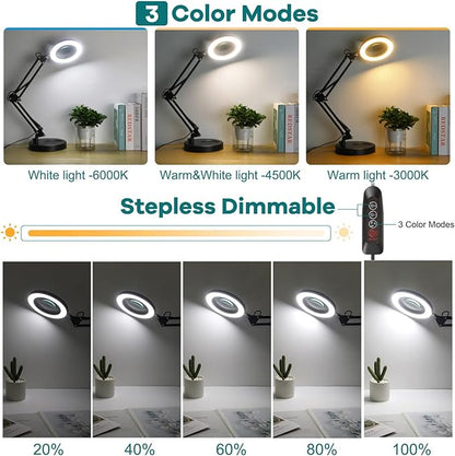10X Magnifying Glass with Light and Stand, Drdefi 2-in-1 LED Lighted Magnifier, 3 Color Modes Stepless Dimmable, Hands Free Magnifying Desk Lamp with Clamp for Repairing Reading Craft Hobby