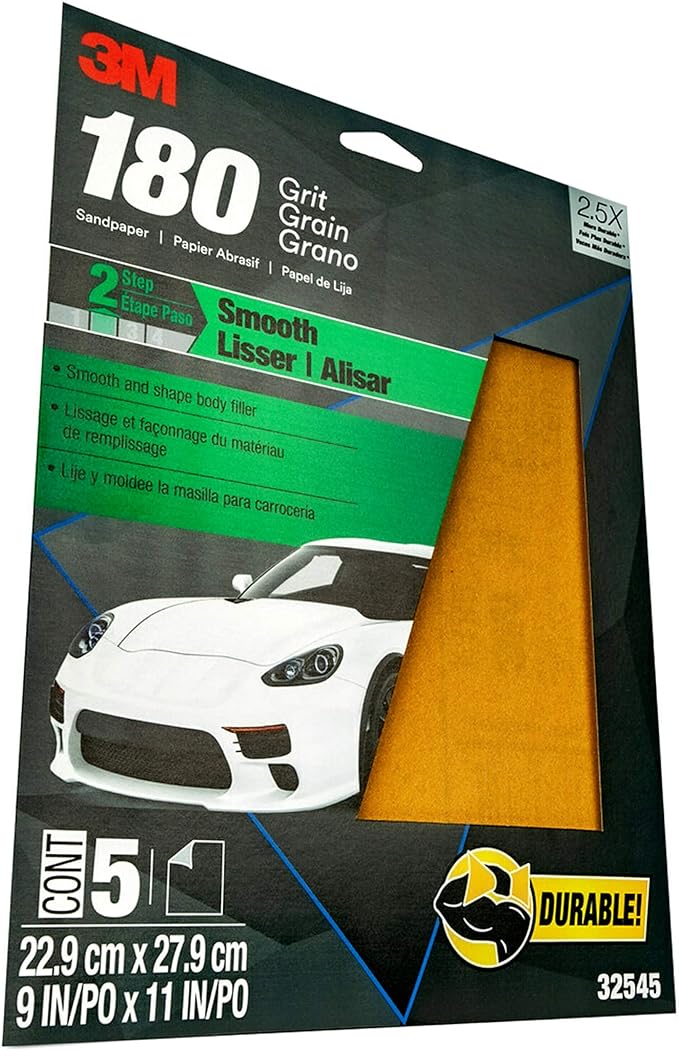 3M Sandpaper, 180 Grit, 5 Sheets, 9 in x 11 in, Longer Lasting Super Strong Abrasive, Great For Smoothing Body Filler, Shaping Glaze & Spot Putty, For Hand Or Machine Sanding (32545)