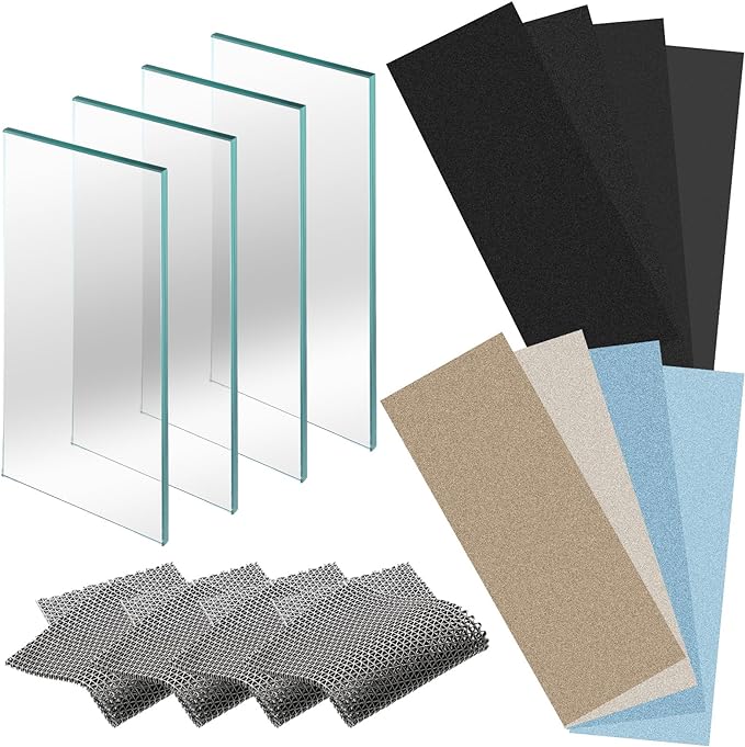 16 Pieces Scary Sharp Sharpening System with 8 Sheet 4-1/4 Inch x 11 Inch Lapping Film,4 Pieces 5 x 12 Dead Flat Float Glass,4 Pieces Non Slip