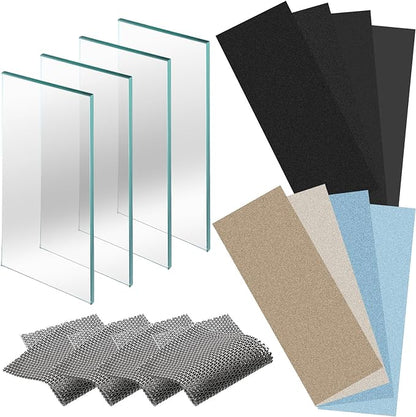 16 Pieces Scary Sharp Sharpening System with 8 Sheet 4-1/4 Inch x 11 Inch Lapping Film,4 Pieces 5 x 12 Dead Flat Float Glass,4 Pieces Non Slip