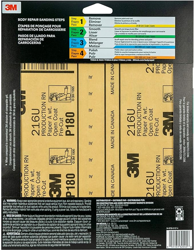 3M Sandpaper, 180 Grit, 5 Sheets, 9 in x 11 in, Longer Lasting Super Strong Abrasive, Great For Smoothing Body Filler, Shaping Glaze & Spot Putty, For Hand Or Machine Sanding (32545)